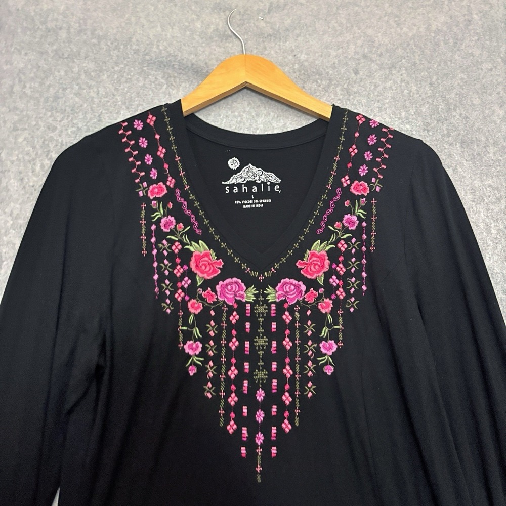 SAHALIE Womens Embroidered Top Size Large Black Bohemian Hippie Gypsy Long Slv - Picture 3 of 6